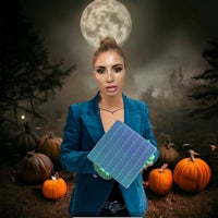 a woman holding a solar panel in front of a pumpkin patch