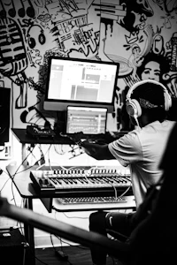 a black and white photo of a man in a recording studio