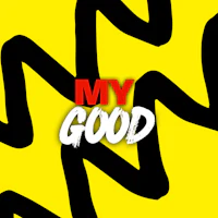 a yellow and black background with the words'my good'on it