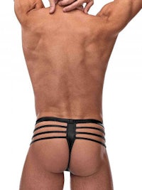 the back of a man wearing a black thong