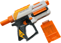 an orange and white nerf gun