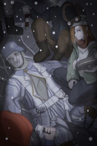 a group of people sitting in the snow