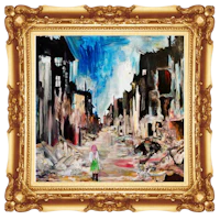 a painting of a girl walking down a street