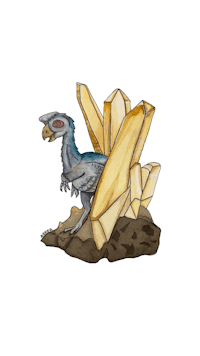 a sticker with a dinosaur on top of a pile of rocks