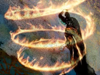 a painting of a man in a black robe with a ring of fire around him