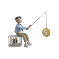 a man sitting on a chair and fishing with a coin