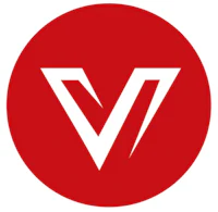 a red and white logo with the letter v