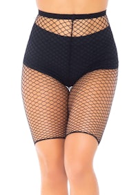 a woman wearing a black fishnet pantyhose