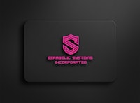 a pink logo with a shield on a black background