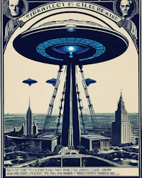 a poster with a spaceship and a city in the background
