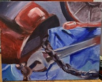 a painting of a red fire hat on a table