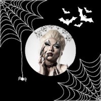 a black and white photo of a woman with a spider web and bats