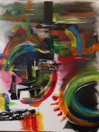 an abstract painting with bright colors on a white background