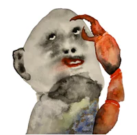 a watercolor painting of a man holding a crab