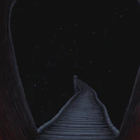 a drawing of a staircase leading to a starry sky