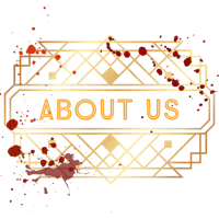 about us logo with blood splatters on a black background