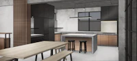 a rendering of a kitchen in a concrete building