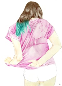 a watercolor illustration of a girl with pink hair