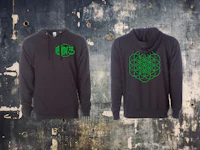 a black hoodie with a green flower of life on it