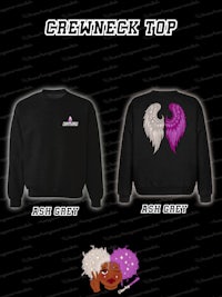 a black sweatshirt with purple wings on it