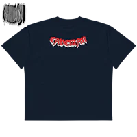 a navy t - shirt with a red and white logo on it