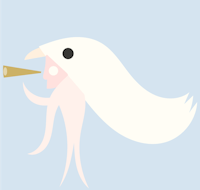 a white bird with long hair blowing a trumpet