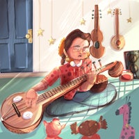 an illustration of a woman playing a sitar