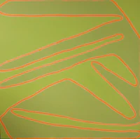 a painting with orange lines on a green background