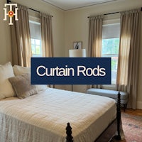 a bedroom with a bed and curtains with the words curtain rods