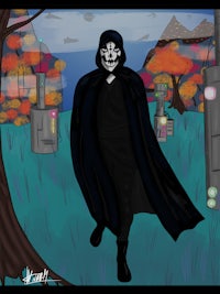 a cartoon of a skeleton in a cloak walking through a field