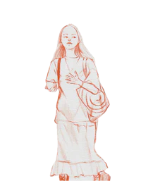 a drawing of a woman carrying a bag