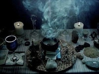 a table with candles and a bowl of smoke