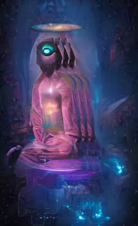 an image of a buddha sitting in the middle of a dark room