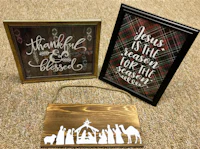 three wooden framed signs with the words jesus and thankful