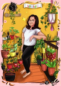 a cartoon of a woman standing in a room with plants