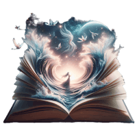 an open book with an image of a woman and birds