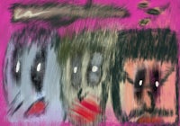 a drawing of three faces on a pink background