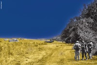 a group of people walking down a dirt road