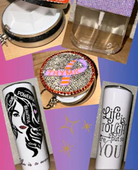a variety of different shaped containers with a woman's face on them