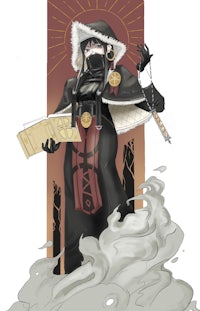 an anime character holding a book and smoke