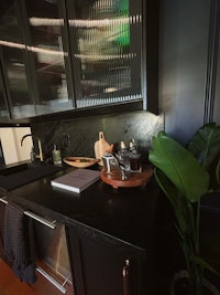 a kitchen with black cabinets and a plant on the counter