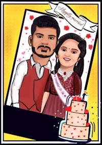 a caricature of a couple with a cake in front of them