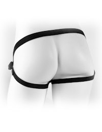 the back view of a mannequin wearing a black thong