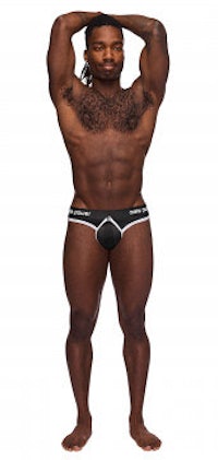 a man in a black underwear posing with his hands up