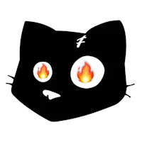 a black cat with flame eyes on a white background