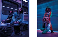 a group of people sitting on a train