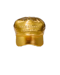 a gold metallic hat with the word trump on it