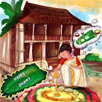 a drawing of a woman lighting a lamp in front of a house