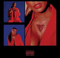 a woman in a red suit with a heart on her chest
