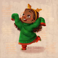 a drawing of a little girl in a green sweater with reindeer on her head